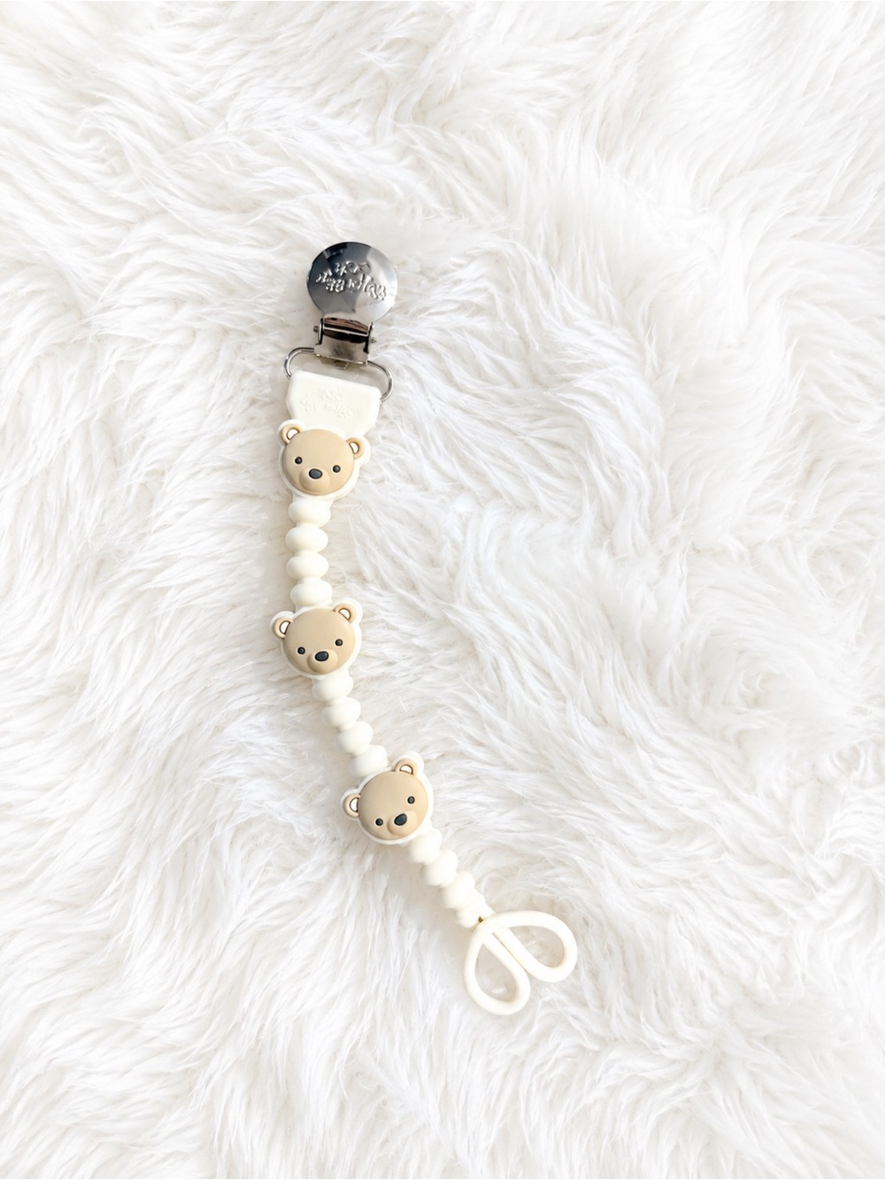 Itzy Ritzy Cream Bear Pacifier Clip with Silver Clip